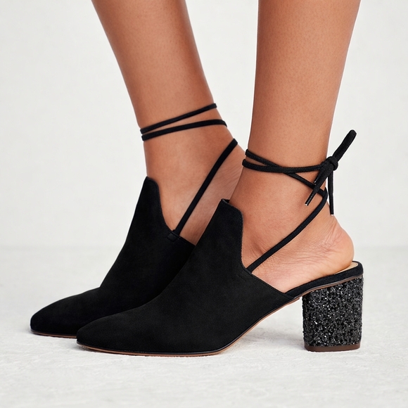 Free People Sparkler Mule Glitter Heel Black Suede Lace Back Block Heel Size 40 - Picture 12 of 12